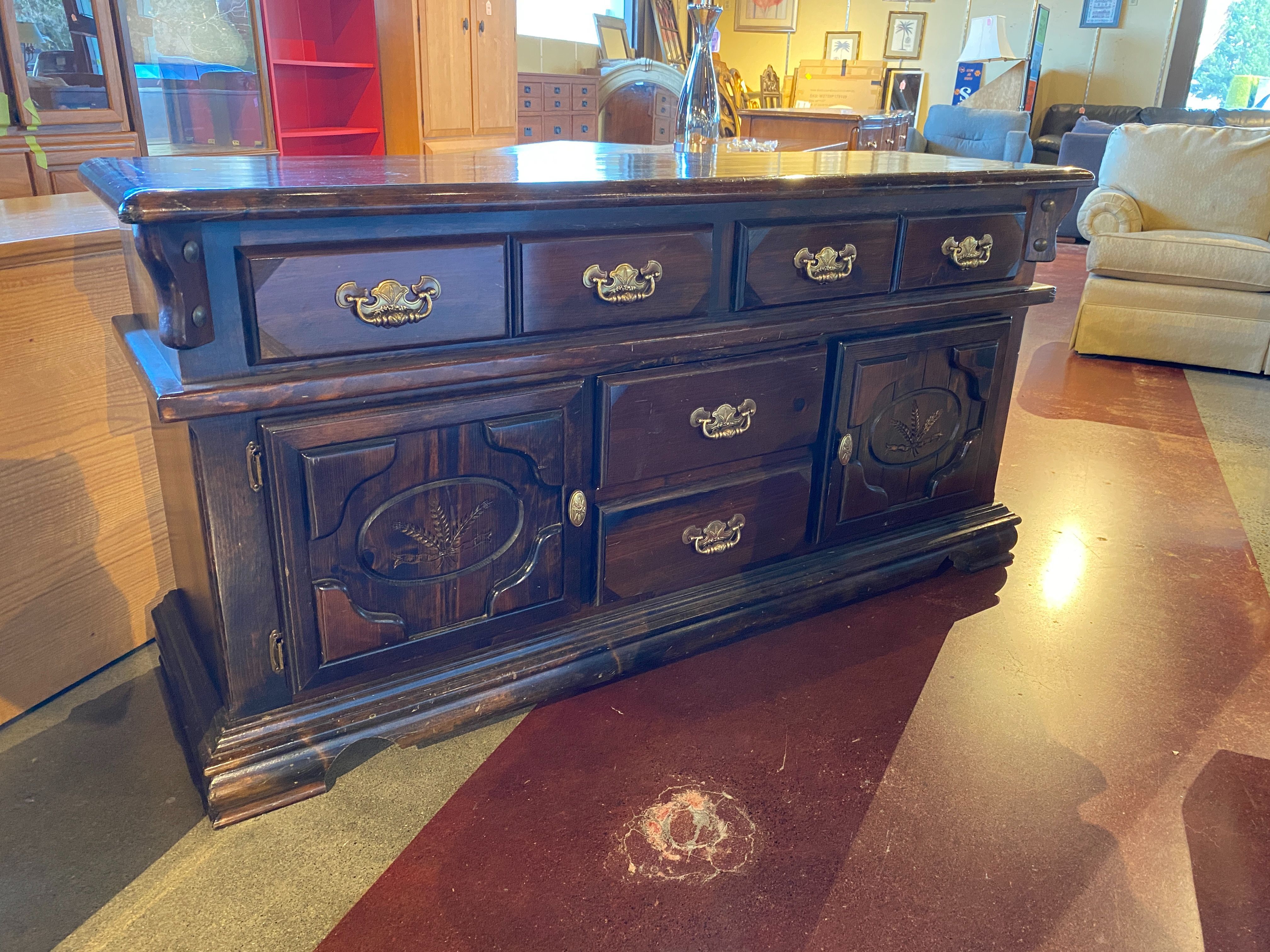 Solid Wood Dark Wood Sideboard with Wheat Motif