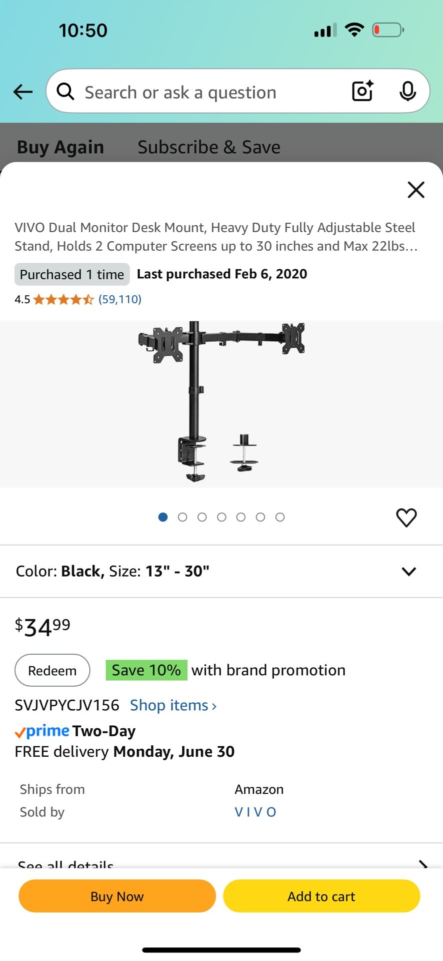 Dual Monitor Desk Mount, Heavy Duty Fully Adjustable Steel Stand, Holds 2 Computer Screens up to 30 inches and Max 22lbs Each, Black, STAND-V002