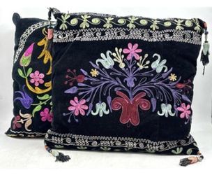 Pair of New Suzani Style Velvet Pillows, Bohemian Vintage Decor Cushions