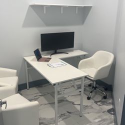White Office Desk, Chairs and Shelf