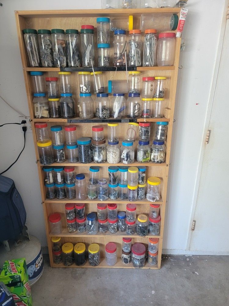 Storage Rack With Jars And Hardware 