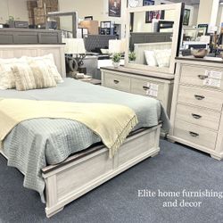 Queen White Bedroom Set ( Bed Frame, Dresser, Mirror And One Nightstand )