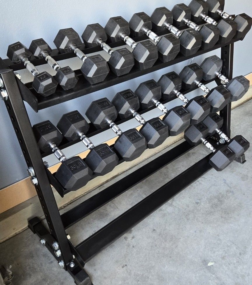 5-50lbs Rubber Hex Dumbells | Heavy-Duty Dumbell Rack Included | Gym Equipment | Fitness | Squat Rack | FREE DELIVERY π
