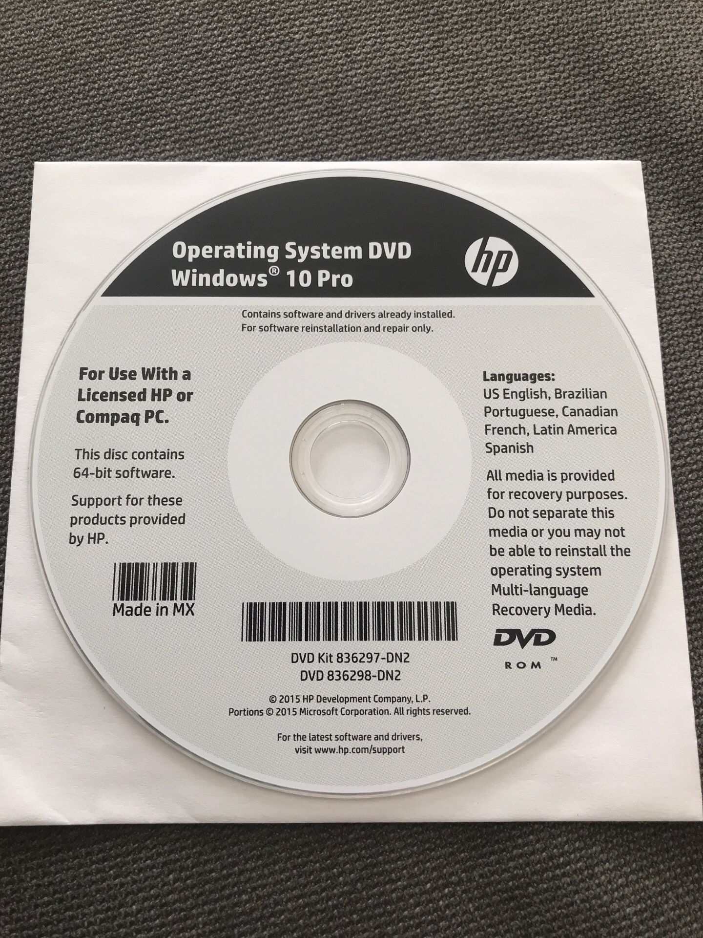 Windows 10 Pro Operating System DVD for HP