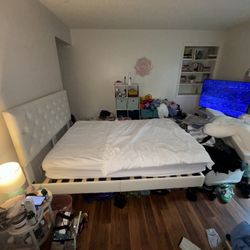 FULL White Faux Leather Bed frame & MATTRESS