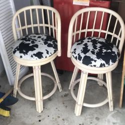 Cowhide And Bamboo Bar Stools 