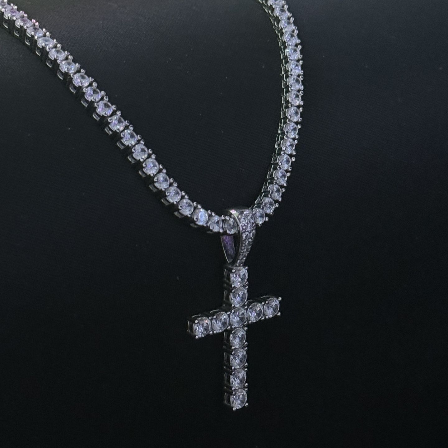 GLD Diamond Tennis Necklace w/ Diamond Cross in White Gold