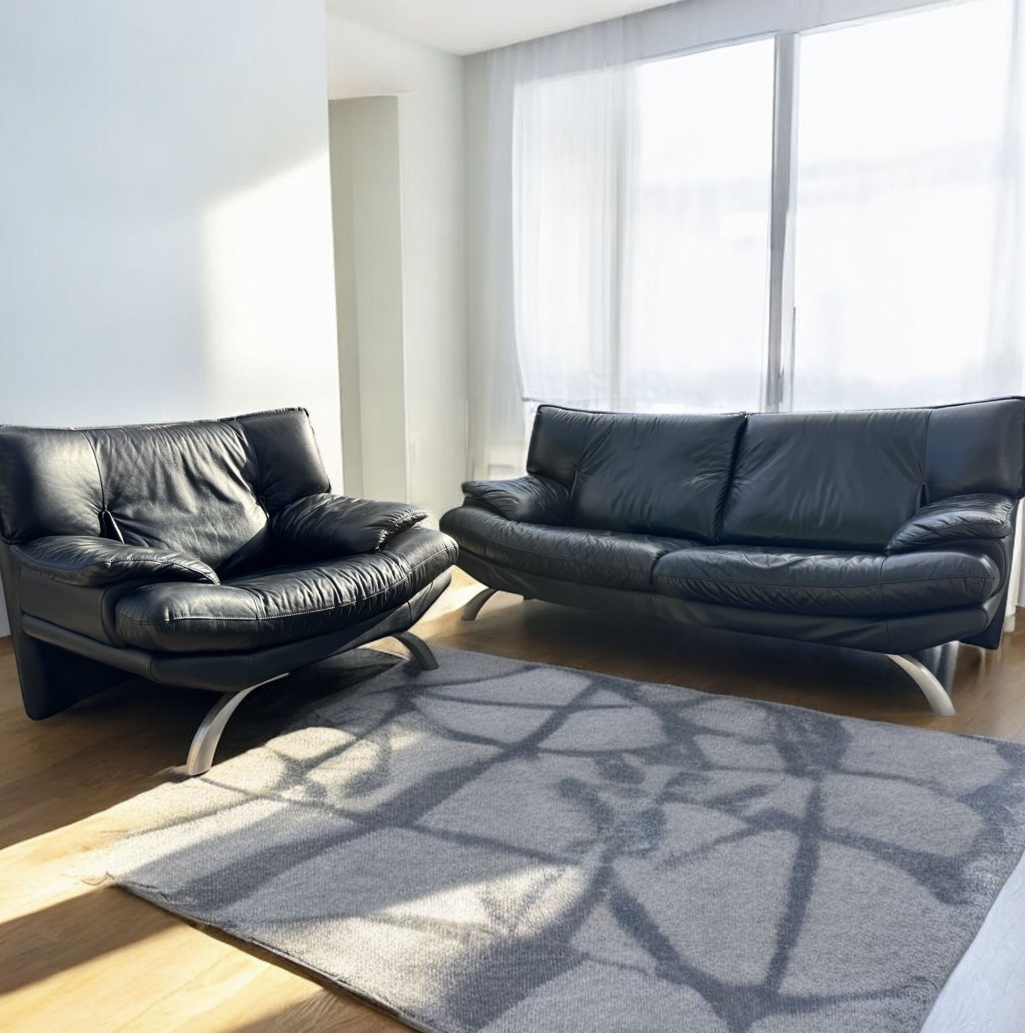 Vintage Black Italian Leather Satin Nickel Base Couch and Chair