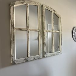 Set Of 2. Solid Wood Distressed Mirrored  Window Panes 15”x 27 Size Of One. Paid Over $200