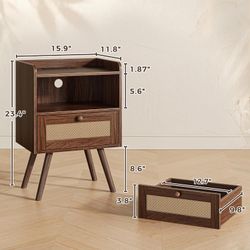Dark Walnut Rattan Nightstands – Set of 2