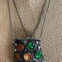 Cadena Stainless Dije Cartera Piedras Jade DE Colores Joyería Antigua 
