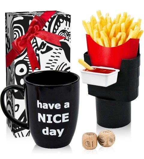 White Elephant Gifts for Adults, Funny Coffee Mug with Finger on the Bottom, French Fry Holder & Sauce Holder Set, Date Night Ideas Food Choice Dice,