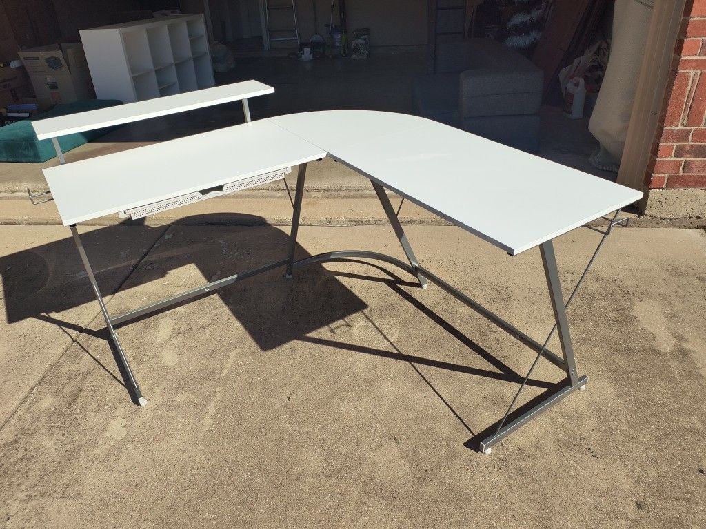 SHW 51 x 51 Inches Vista L-Shaped Desk with Monitor Stand and Drawer, White