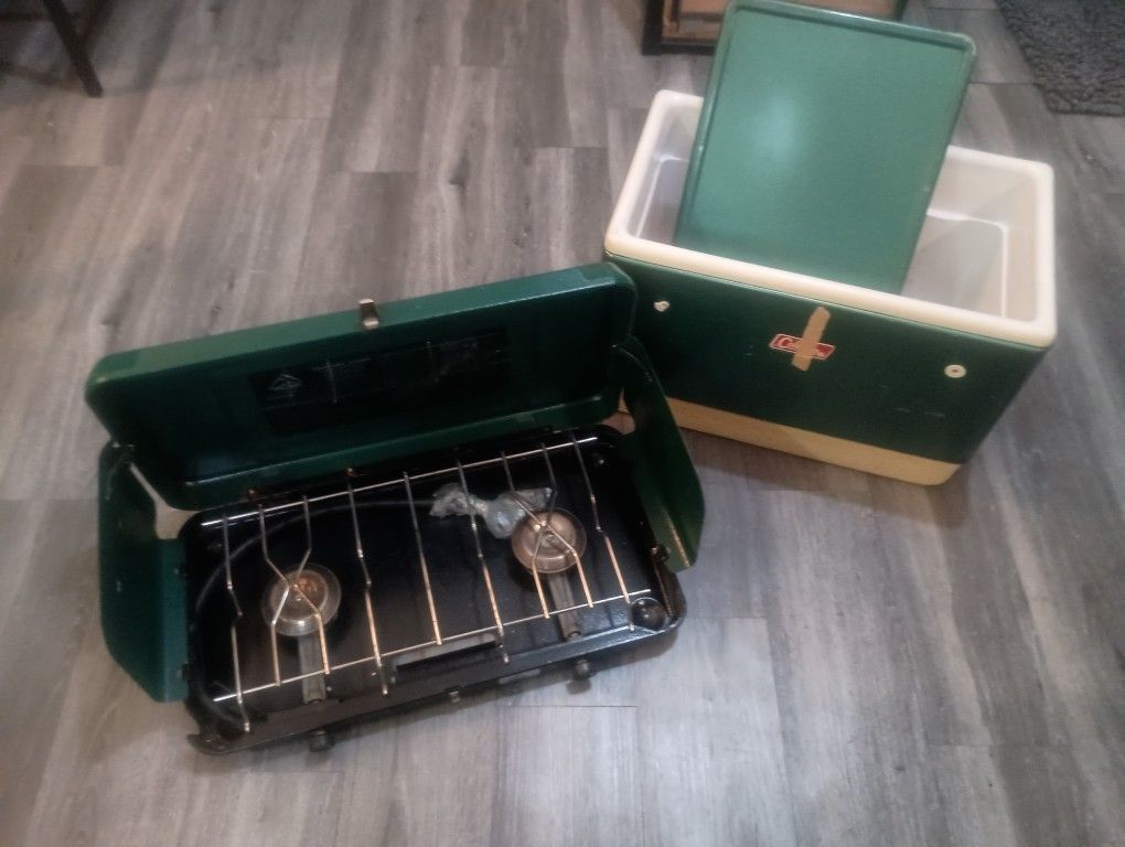 Vintage Metal Coleman Cooler & Hillary Sears 2 Burner Propane Stove