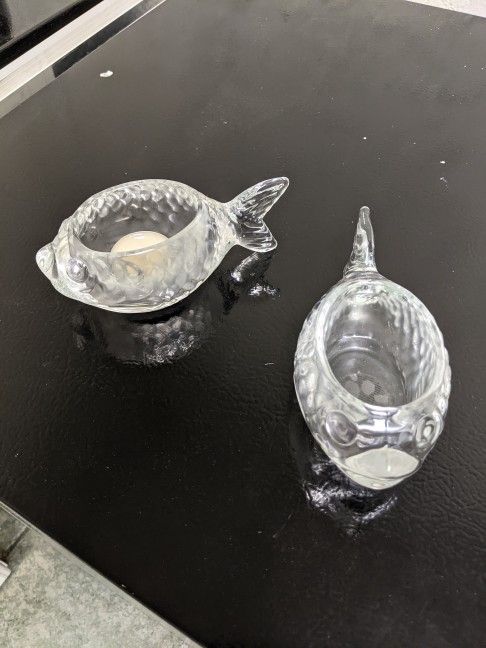 Two's Company Brand Pair Of Glass Fish Candle Holders