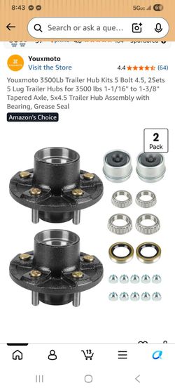 3500 lb trailer hub kit 5 bolt 4.5 two sets brand new in the box never used.