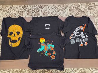 FOUR Boys size 10/12 LARGE Halloween shirts. Dinosaur, fangs, skeleton basketball, skull.