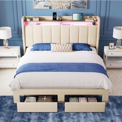 Queen Size Platform Bed Frame with 2-Tier LED Storage Velvet Wingback Headboard & 2 Storage Drawers, USB & Type-C Charging Ports, White
