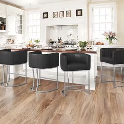 Siska 26 in.Modern Black Fabric Upholstered Counter Stool with Silver Metal Frame Barrel Counter Bar Stool Set of 4