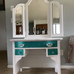 Solid Wood Refinished Vanity with Tri-Folding Mirror  