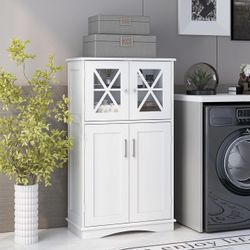 Tangkula Freestanding Floor Cabinet w/2 Glass Doors, 3-Level Adjustable Shelves, Anti-toppling, Kitchen Pantry Cupboard for Bathroom & Living Room (Wh