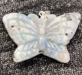 Hand Carved Labradorite Butterfly Necklace W/ 14 Inch Silver Chain