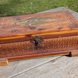 Vintage Hand-Carved Wooden Jewelry Trinket Box with Cottage Scene – 12”
