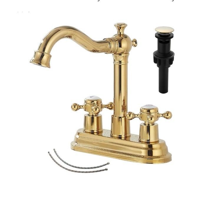 GGStudy Bathroom Faucet Polished Gold 2 Handles 4 Inches Centerset RV Vanity With Drain Assembly and Supply Hose