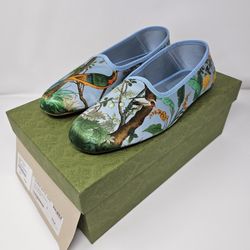 Gucci 9 42 Blue Silk Satin Slippers Loafers Voyage Tian Eco Green Bird Print Italy
