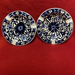 Set of 2 5.25 Inch Handmade Hand Painted Dark Blue Ceramic Greek Floral Design Ashtrays Imported From Greece 