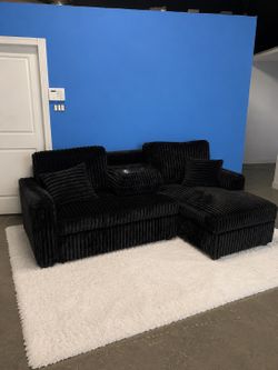 🛋️ New Black Corduroy Sectional Sofa with Chaise- Sleeper-Cup Holders-Charging