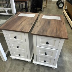 Narrow End Table Set of 2, 3 Drawers and Charging Station, Type-C & USB Port & Power outlets, Wooden End Table,