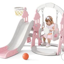 Pink and white slide and swing set with hoop