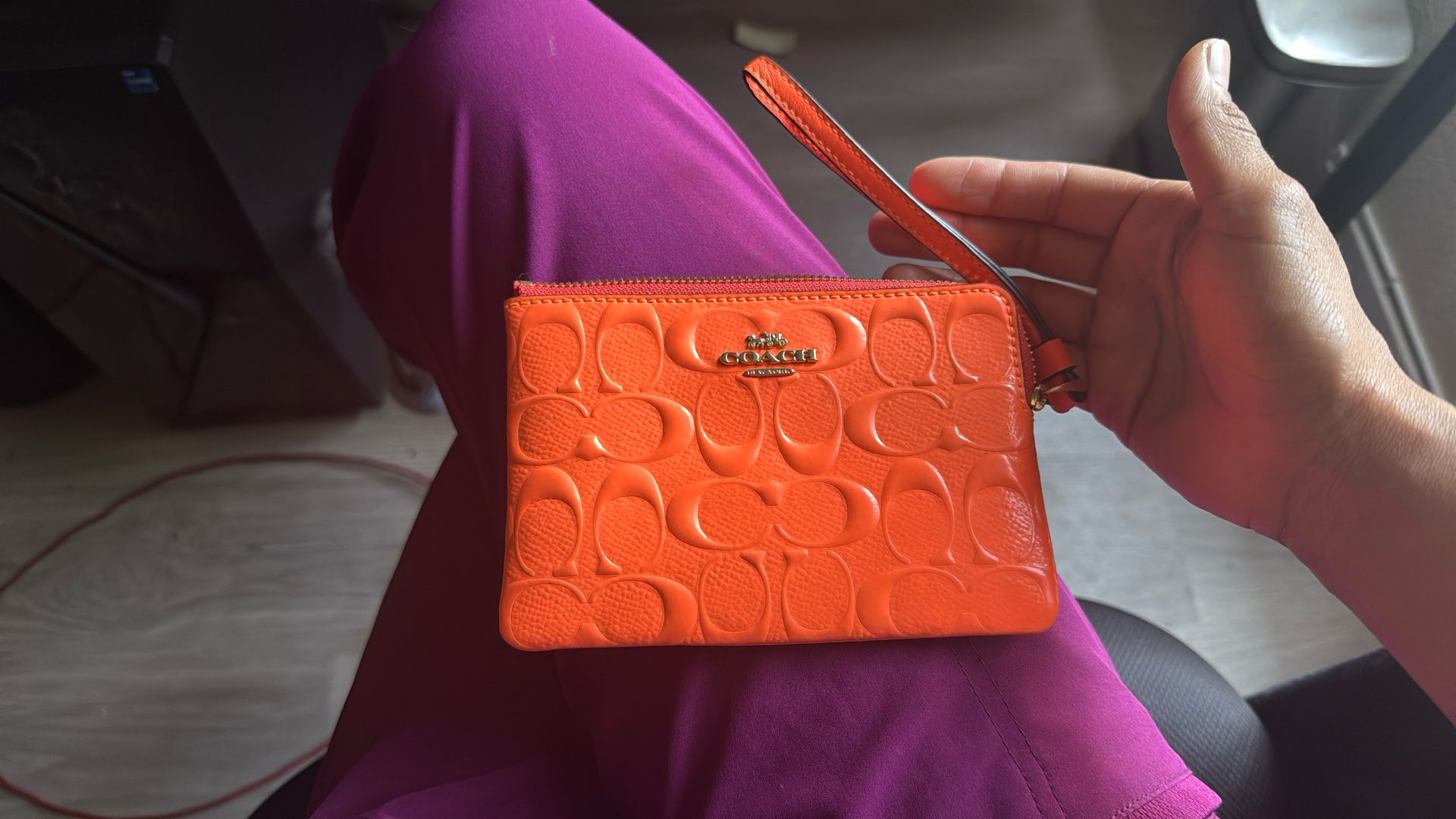 Coach Orange Patent Leather Embossed Logo Wristlet Like New