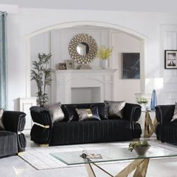 Glam Black Velvet And Gold Living Room Set 