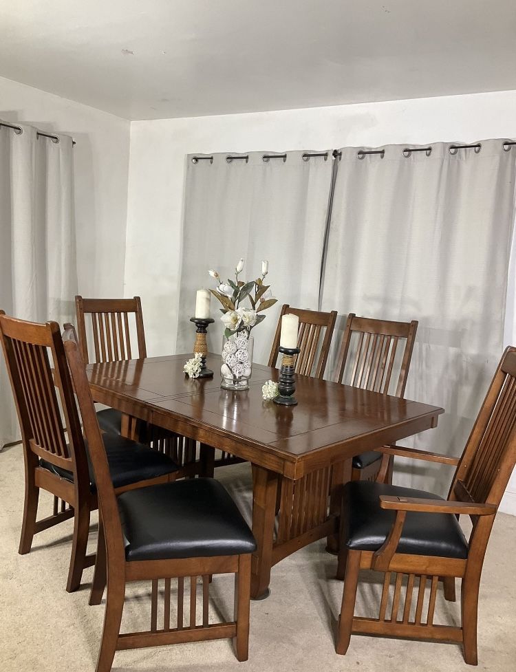 Mission Style Dining Table With Extension, 6 Chairs & Black PU Slip Covers