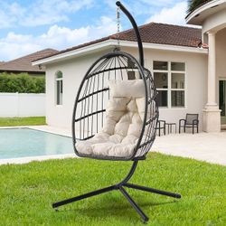 Egg Chair with Stand, Outdoor Hanging Swing Chairs, Indoor Hammock Egg Chair with Removable Cushion and Pillows, Patio Wicker Porch Swings 300LBS Capa