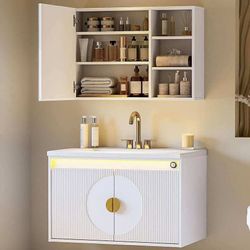 Floating Bathroom Vanity with Sink and Mirror Medicine Cabinet, LED Strip Light