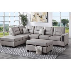 Gray Faux Leather Sectional Sofa With Ottoman 