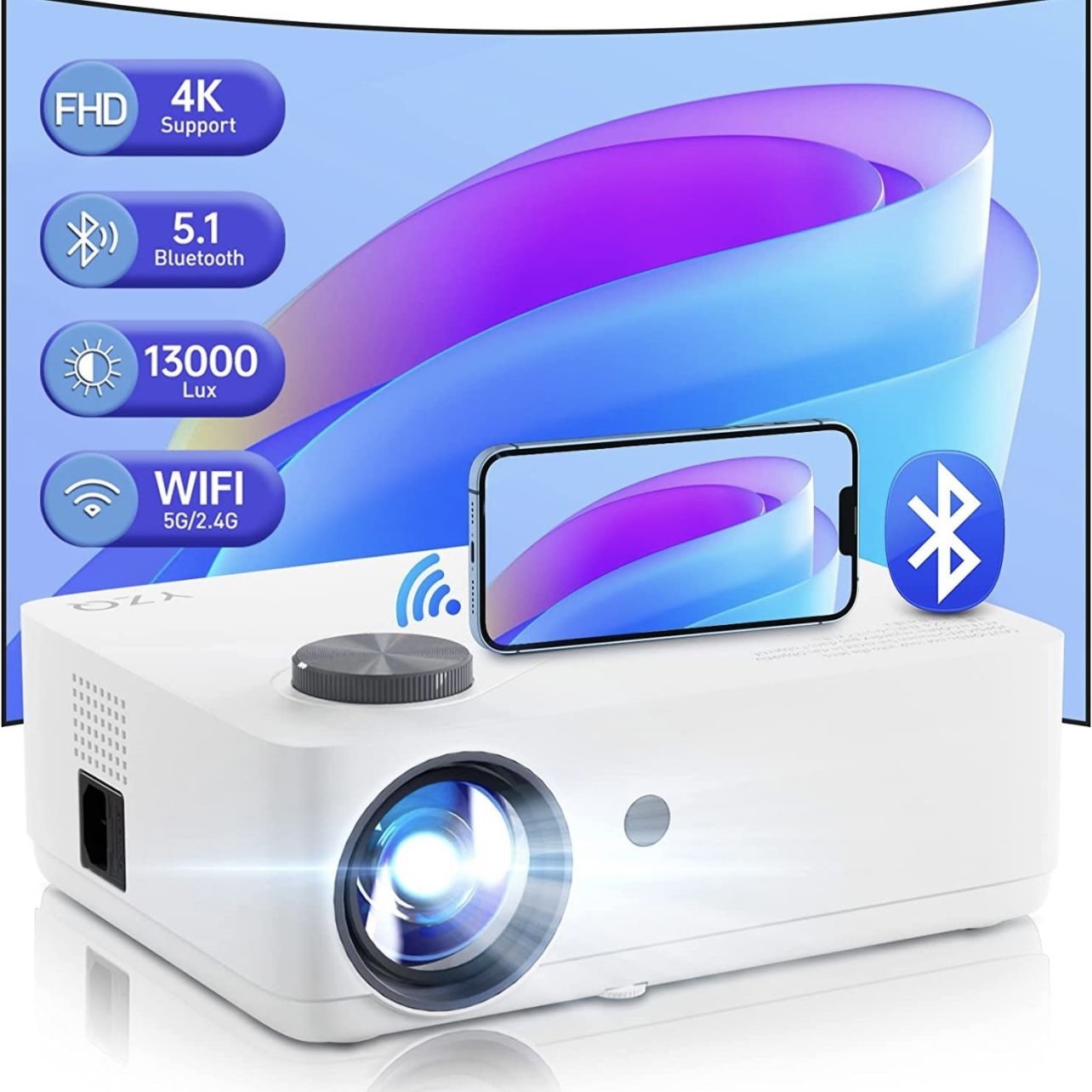 YZQ Projector with WiFi and Bluetooth, Mini Projector 5G WiFi Native 1080P 500 ANSI 13000L 4K Support