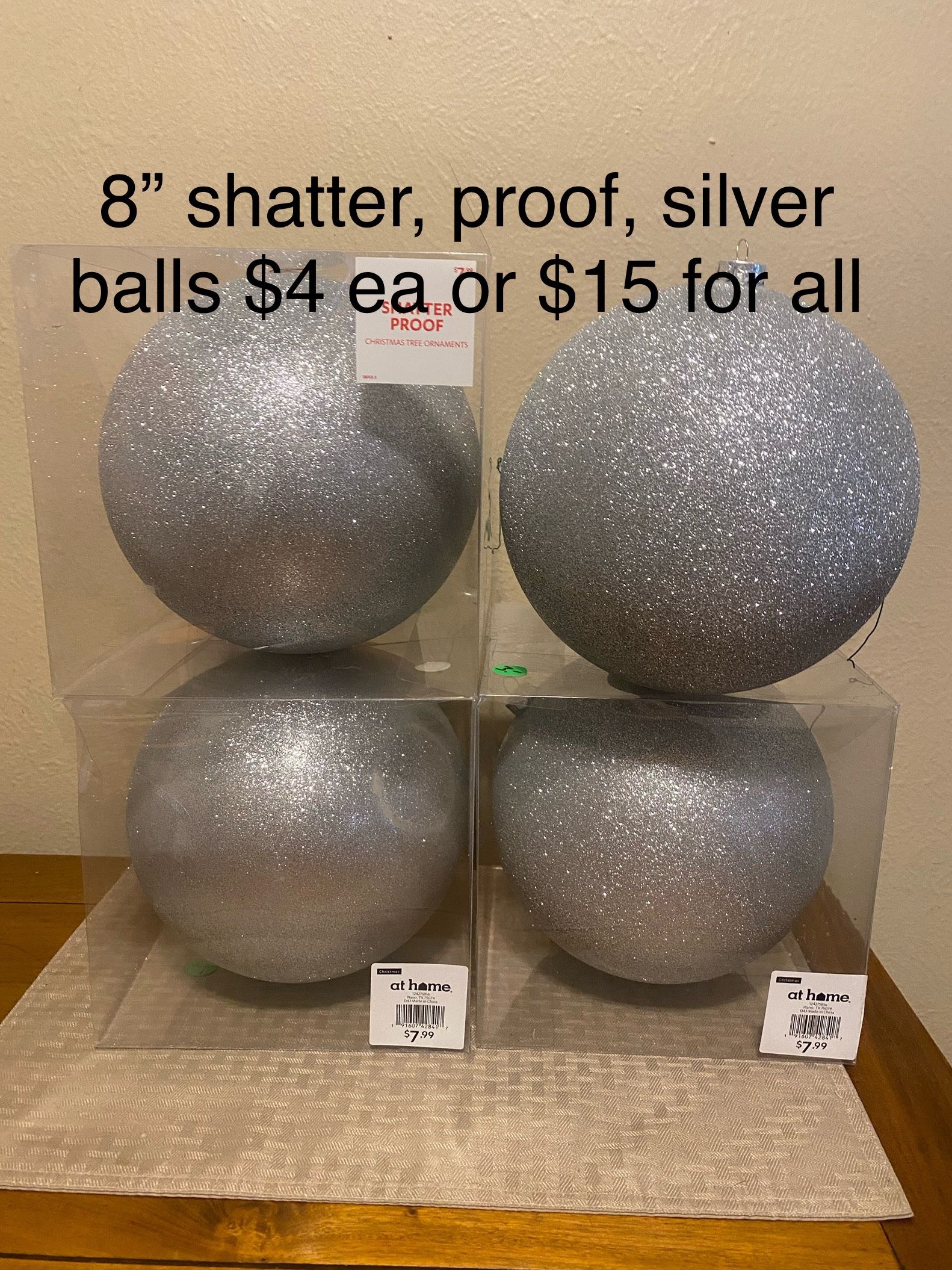 8” Silver Glitter Shatterproof Ornaments W/ Hooks $15
