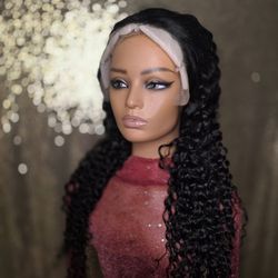 13x6 HD Lace Front   Deep Wave Human  Hair Wig  Black 30"