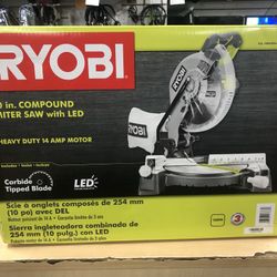 Miter box Saw, Tools-Power Ryobi 10” Compount Miter Saw With LED in Box 