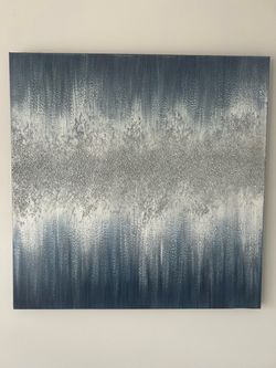 Blue abstract canvas with textured silver accents - 32”x32”