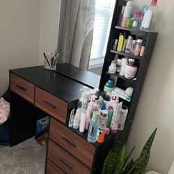 Modern Makeup Vanity with Sliding Mirror, 5 Drawers, 7 Shelves for Bedroom