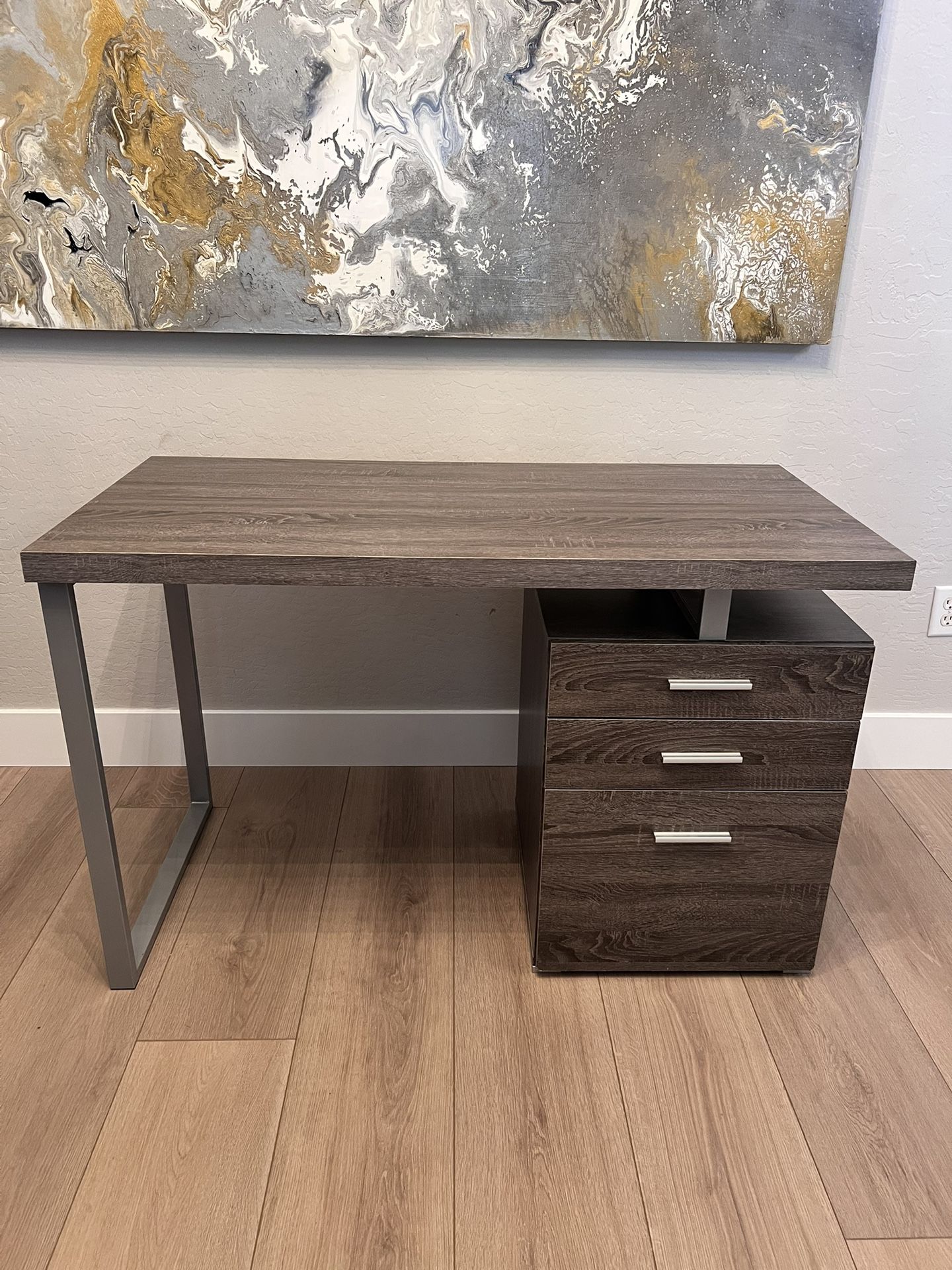 47” Weathered Grey Wood Grain And Metal Reversible 3 Drawer Modern Desk