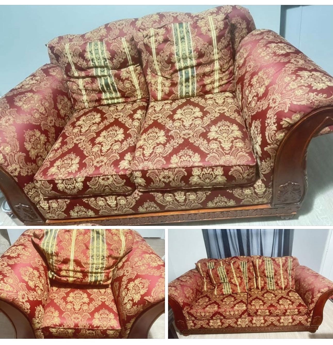 Elegant Red And Gold 3 Piece Loveseat