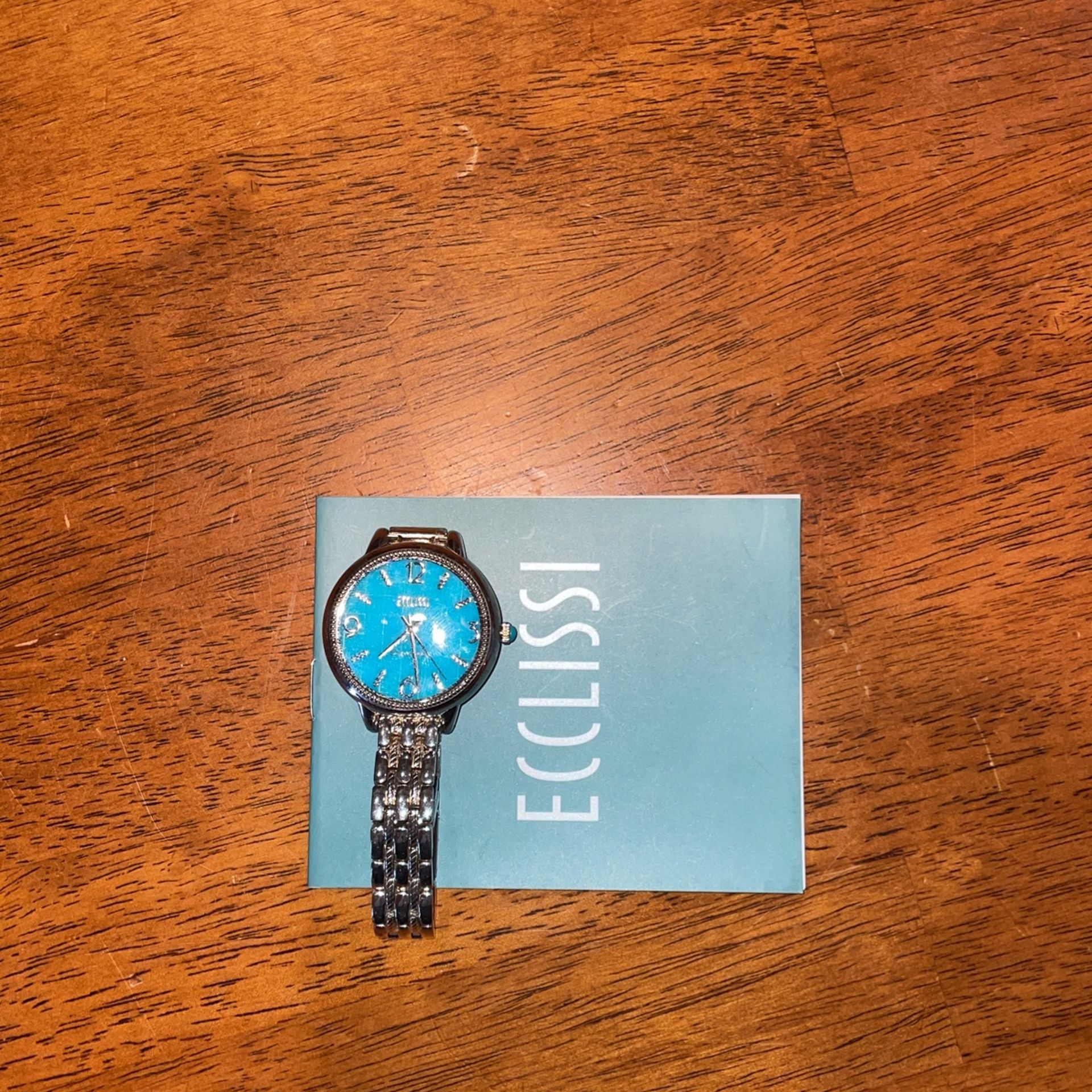 Rhodium Plated Ecclissi Watch SR626SW 33820 Sterling Silver Round Turquoise Face