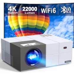 4K Projector with WiFi 6 and Bluetooth 5.3, 22000L Smart Movie Projector, Outdoor Phone Video Projector with 100" Screen, 50% Zoom/450" Display, Compa