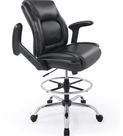 Ergonomic Mid-Back Leather Adjustable Drafting Chair with Multi-Function Arms and Foot Ring, Standing-Desk Matched Tall Swivel Computer Office Stool, 